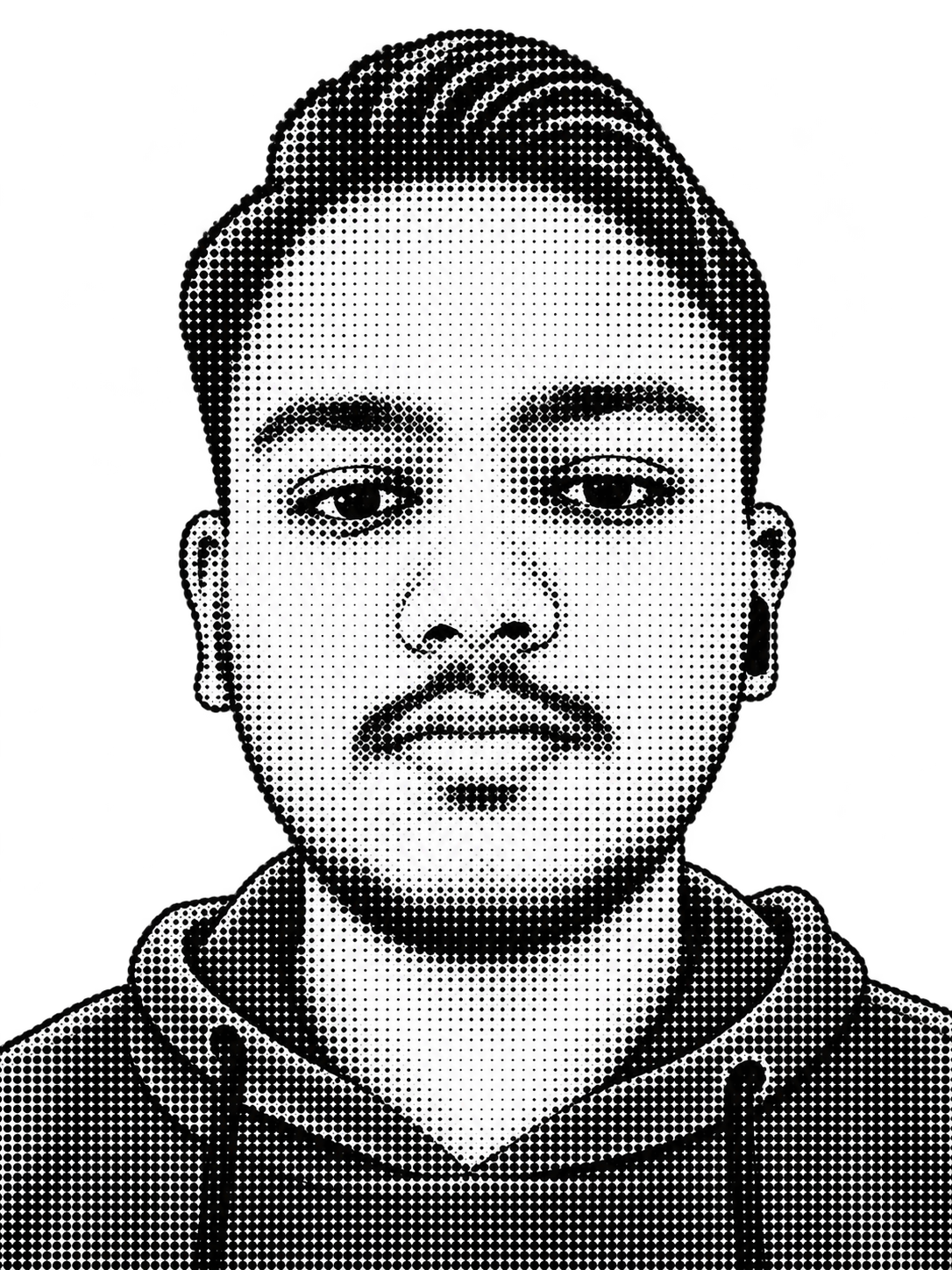 Black-and-white halftone portrait of Hritik Raj wearing a hoodie, facing the camera