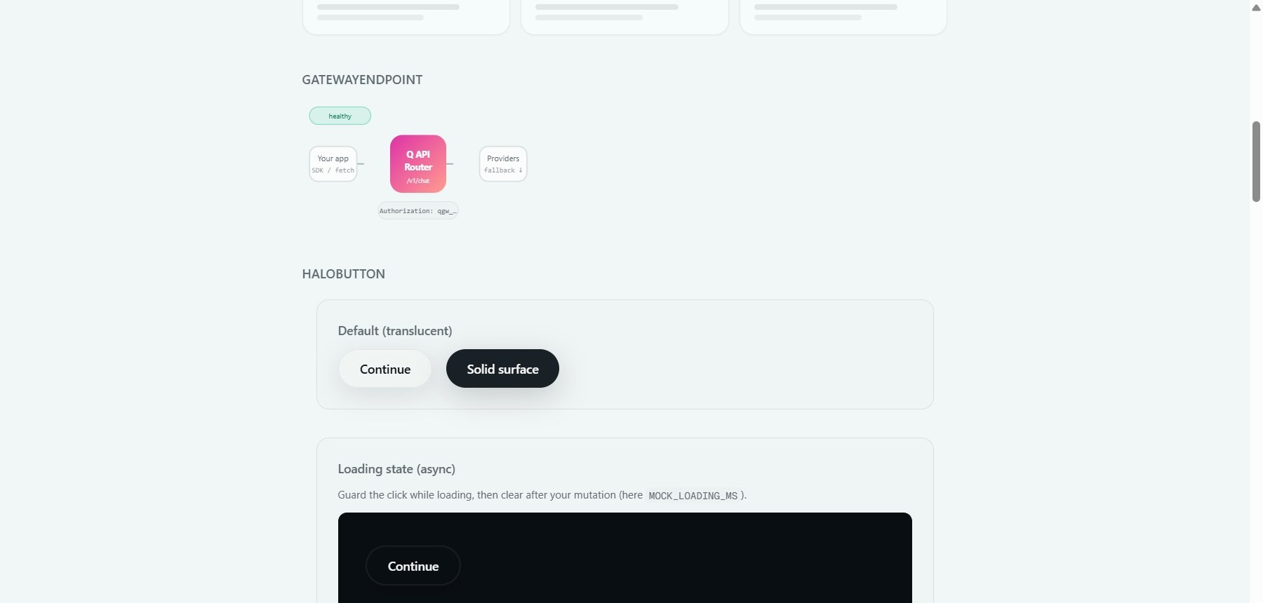 Live screenshot of the QAPI Router interface showing its gateway architecture: requests flowing from an app through the Q API router to multiple AI providers